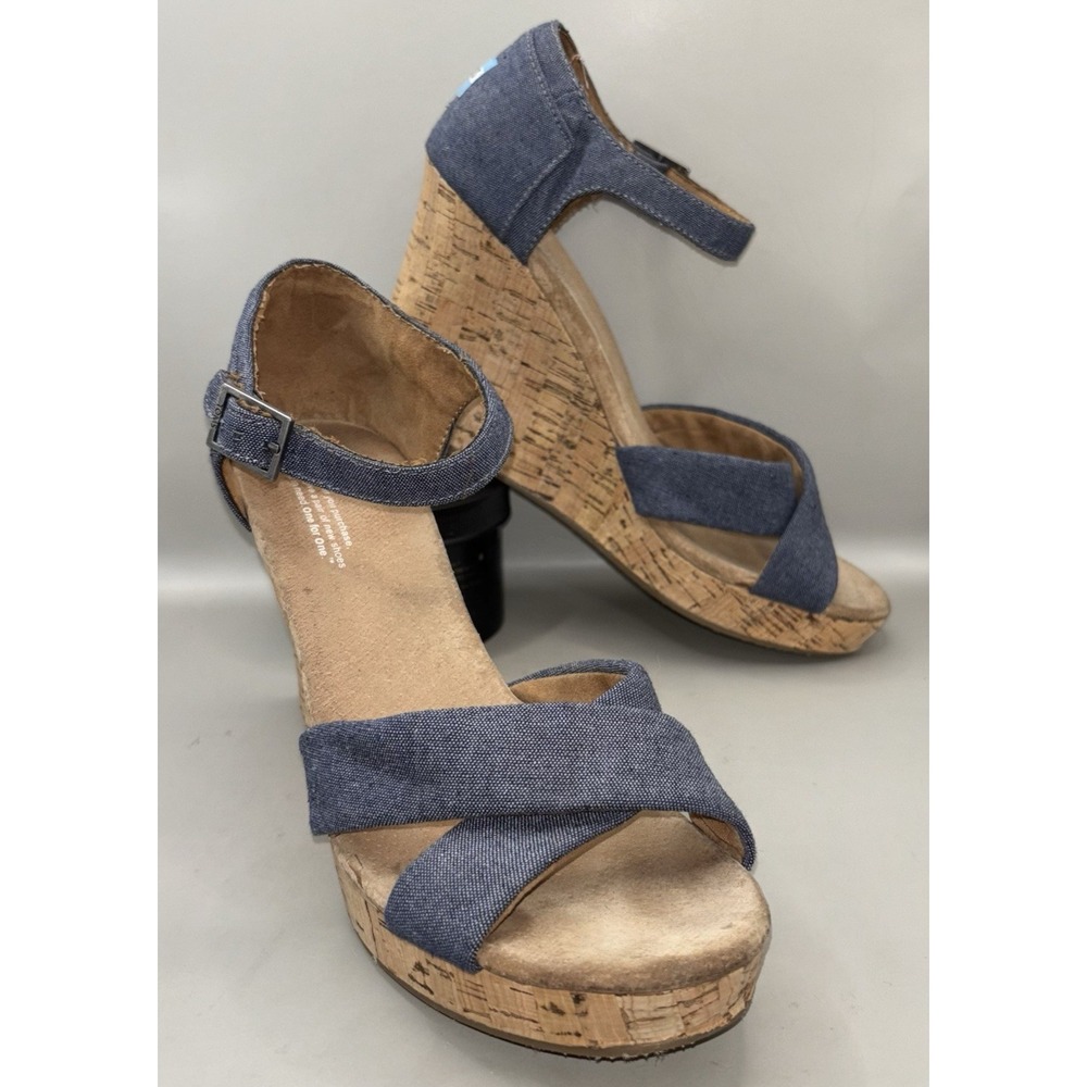 TOMS Sienna Cork Wedge Sandal Women Size 10 Blue Denim Strappy Open Toe Buckle